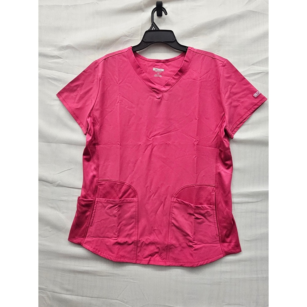 Greys Anatomy Womens V-Neck Scrub Top Fuchsia Polyester Blend Relaxed Size Large
